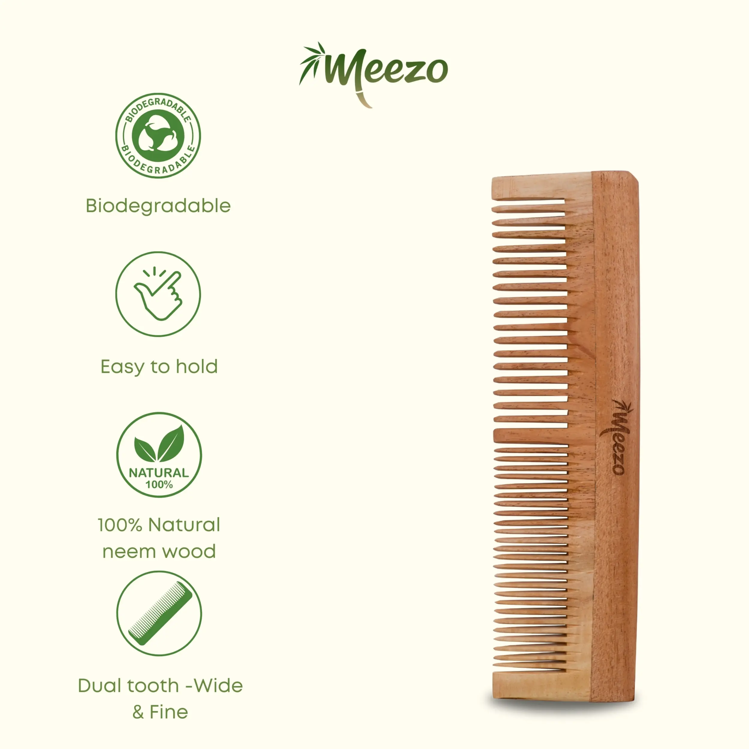 Neem Wood Comb | Both Wide And Narrow Spaced Teeth | Detangling & Styling Additional View-3
