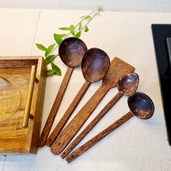 Coconut Shell Spoons Sets For Cooking | 1 Spatula, 1 Large Spoon, 3 Wooden Ladles Additional View-0