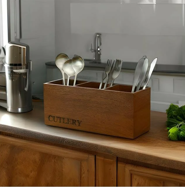 3-Partition Mango Wood Cutlery Holder - Handcrafted For Elegance And Functionality Additional View-0