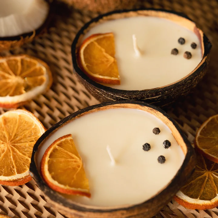 Coconut Shell Candle/Diya – Eco-Friendly Scented Soy Wax Candles For Gifts & Festivals | Orange & Pepper (Set Of 2, 100g Each) Additional View-0