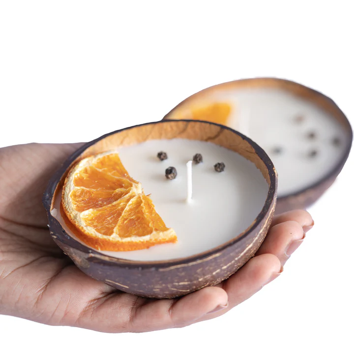 Coconut Shell Candle/Diya – Eco-Friendly Scented Soy Wax Candles For Gifts & Festivals | Orange & Pepper (Set Of 2, 100g Each) Additional View-1