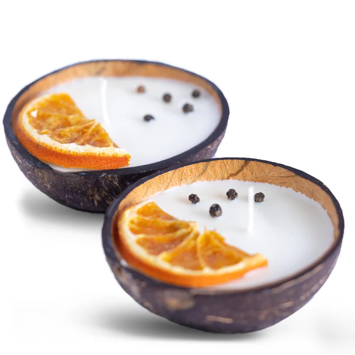 Coconut Shell Candle/Diya – Eco-Friendly Scented Soy Wax Candles For Gifts & Festivals | Orange & Pepper (Set Of 2, 100g Each) Additional View-2