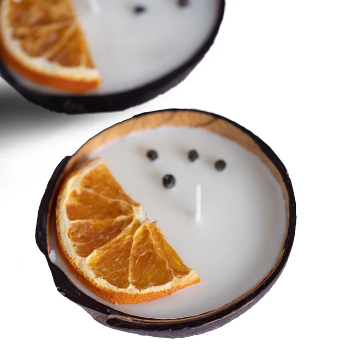 Coconut Shell Candle/Diya – Eco-Friendly Scented Soy Wax Candles For Gifts & Festivals | Orange & Pepper (Set Of 2, 100g Each) Additional View-3