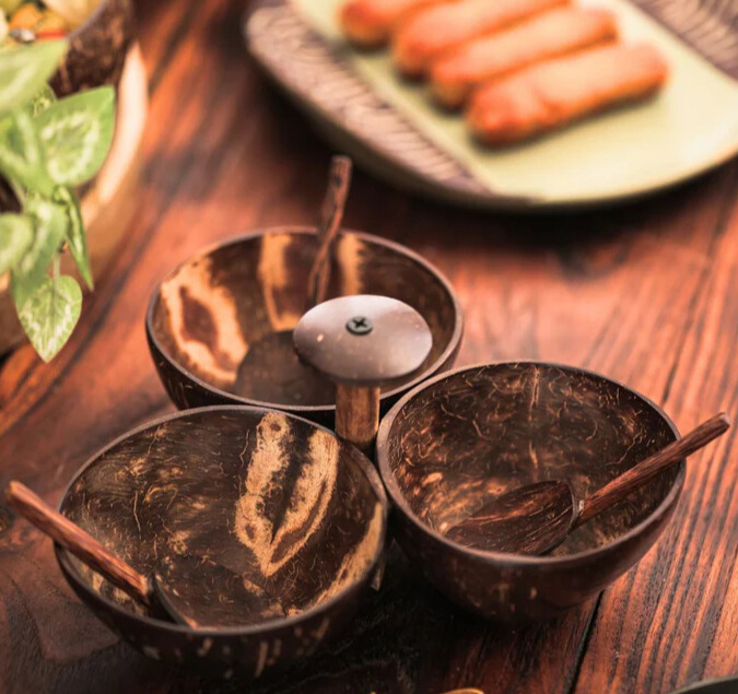 Hand Carved Coconut Shell Serving Set - 3 Bowls & Spoons Additional View-0