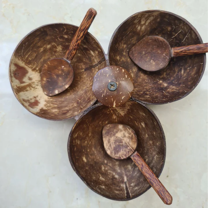 Hand Carved Coconut Shell Serving Set - 3 Bowls & Spoons Additional View-1
