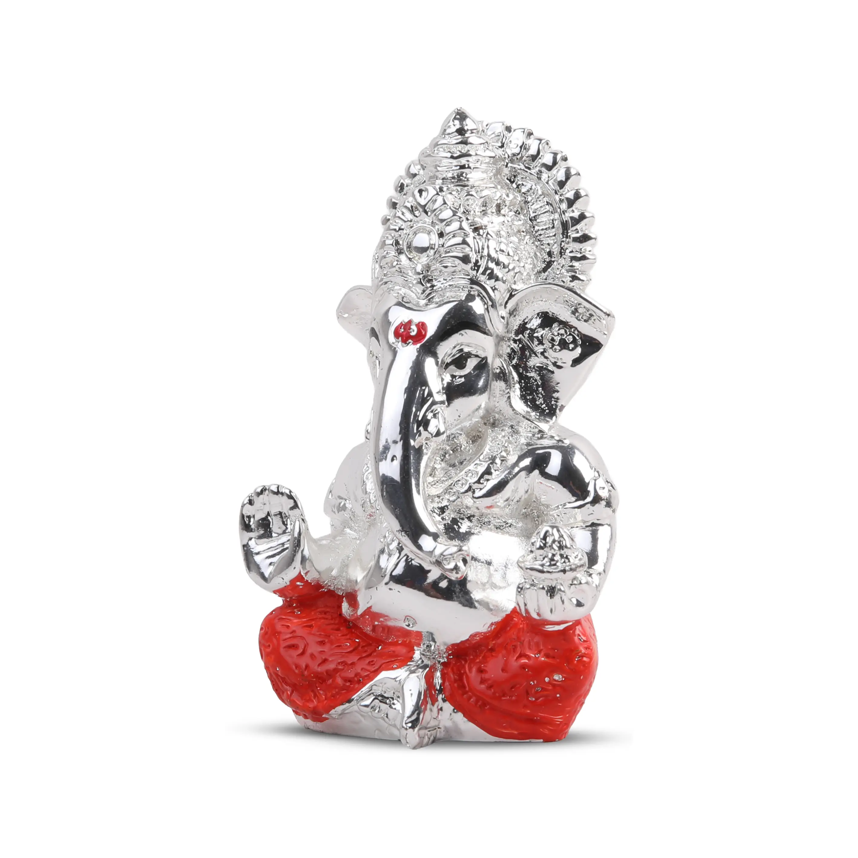 Silver Plated Ganesh  Idol – 3.5 X 2.5 Inch, Red Dhoti Additional View-3