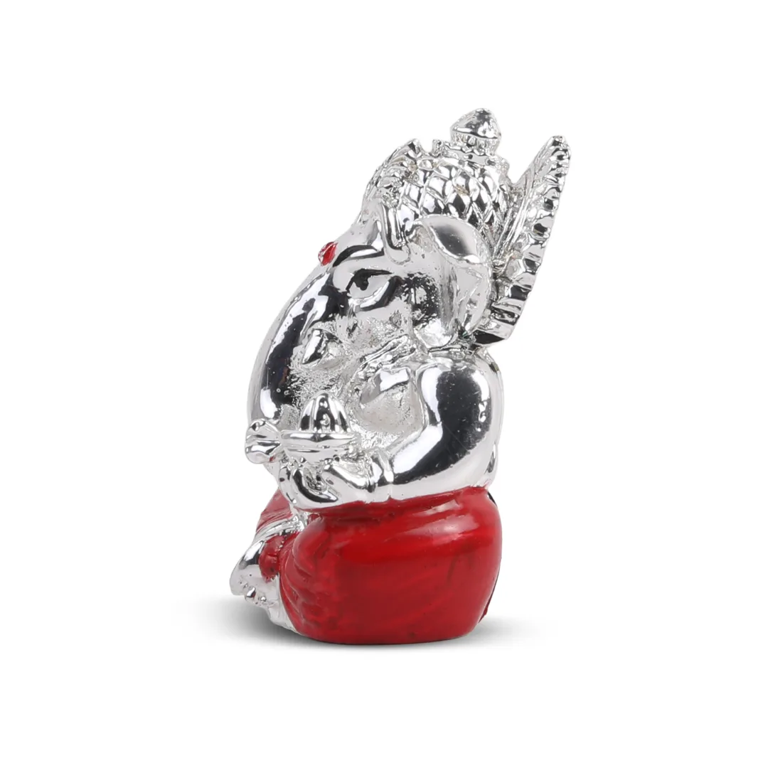Silver Ganesh Idol With Red Dhoti – 2.1 X 1.3 Inch | Meezo Additional View-3